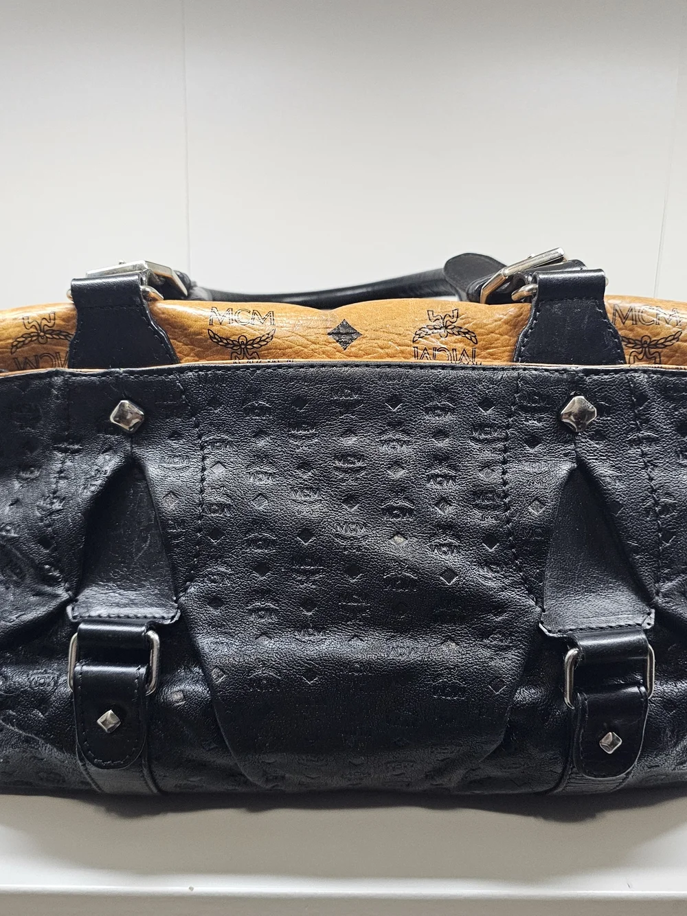 MCM Black Leather Duffel with Cognac Visetos Trim